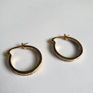 Hoop Earrings Gold-Tone Cubic Zirconia 3/4 inch Hoops Latch Backs